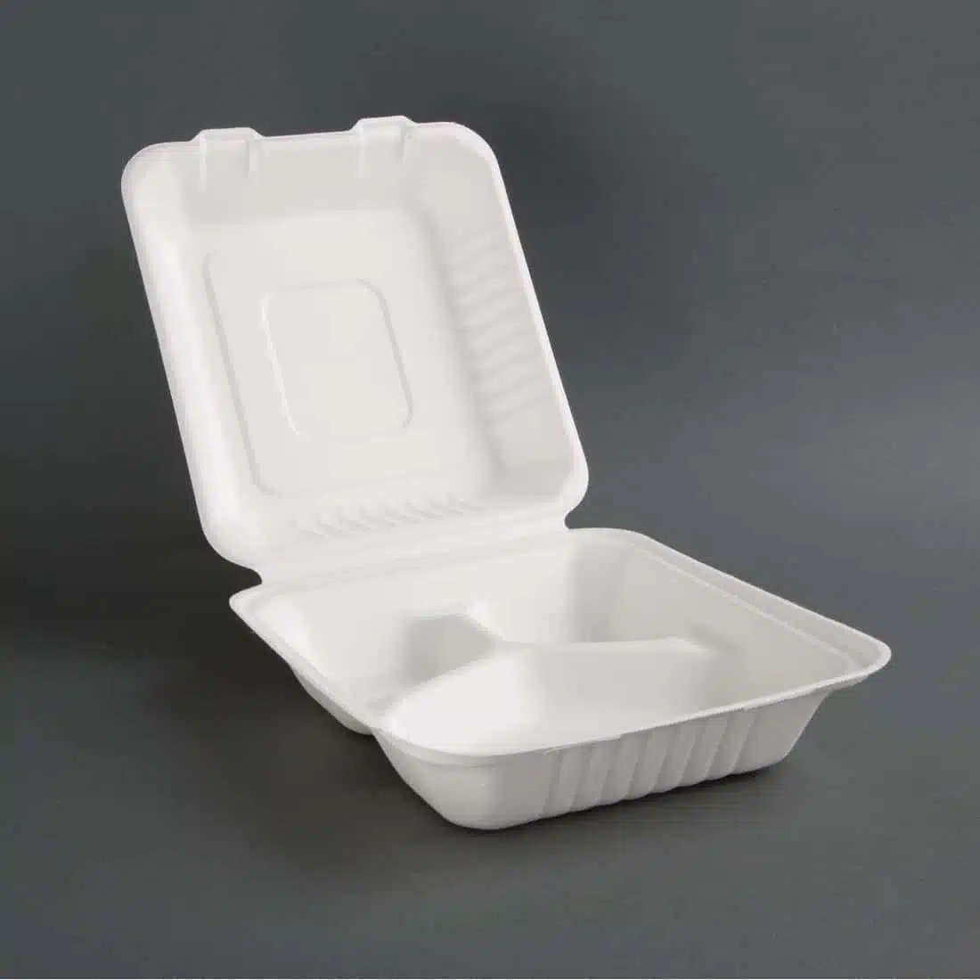 Fiesta Compostable Bagasse Hinged 3-Compartment Food Containers 201mm (Pack of 200) - Image 2