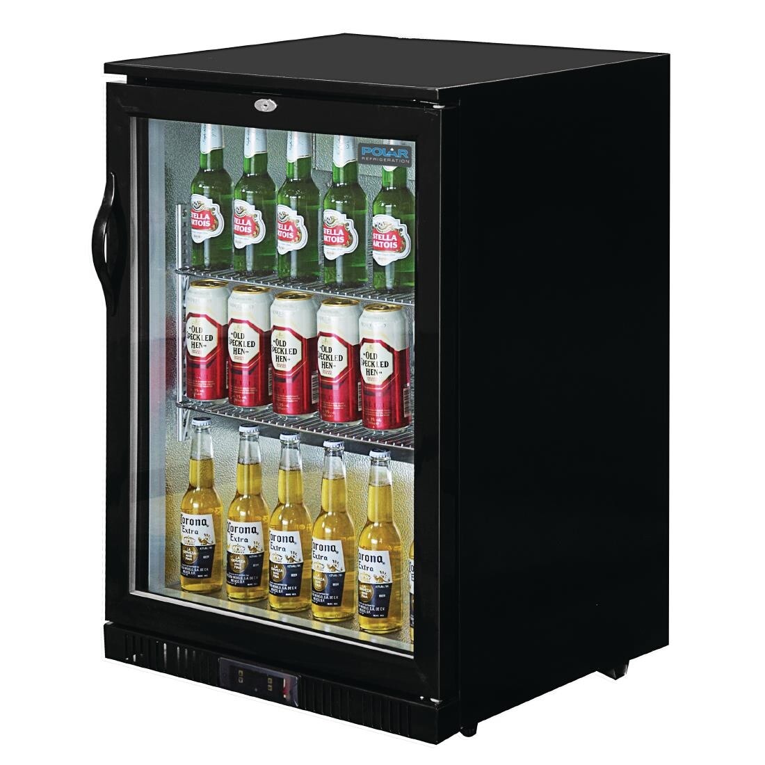Polar Back Bar Cooler with Hinged Door in Black 198Ltr