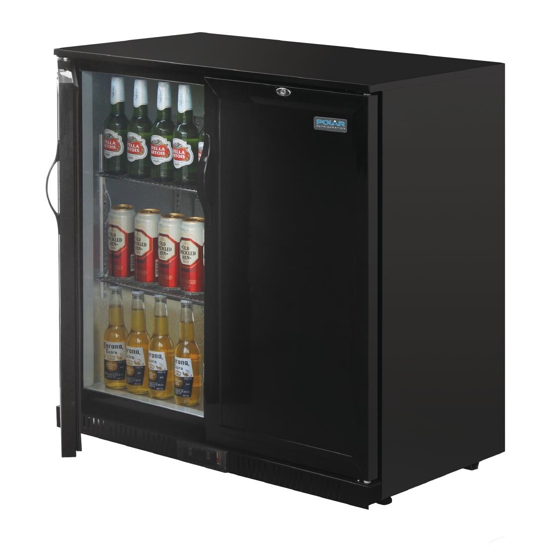 Polar Back Bar Cooler with Hinged Solid Door in Black 208Ltr
