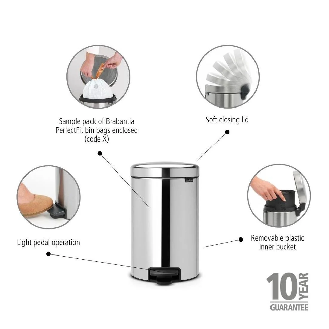 Brabantia NewIcon Pedal Bin Bucket Brilliant Steel 12Ltr - Image 3