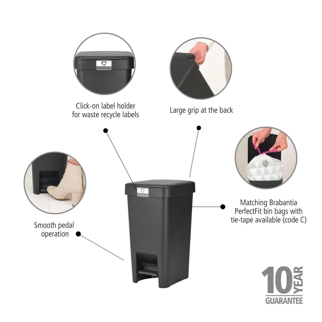 Brabantia Pedal Bin Dark Grey 10Ltr - Image 5