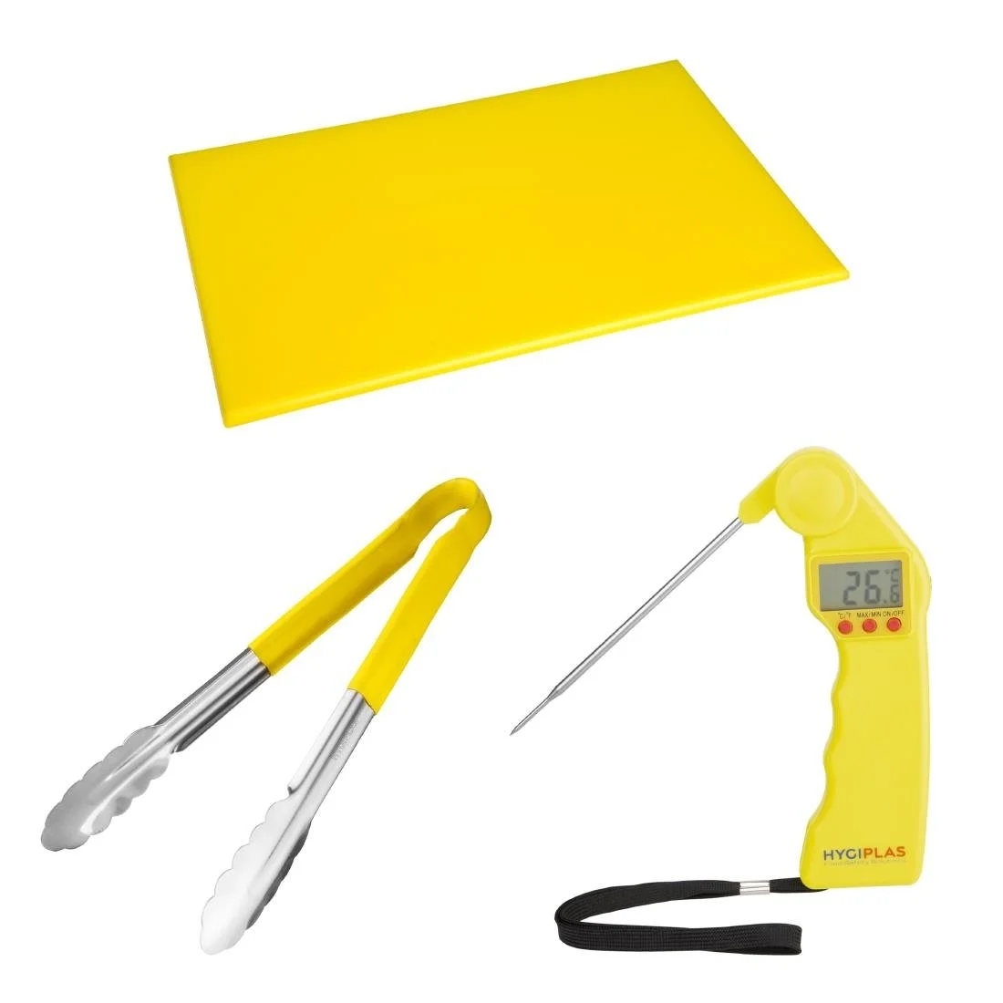 Hygiplas Colour Coded 3-Piece Yellow Tong, Chopping Board & Thermometer Set - Image 1